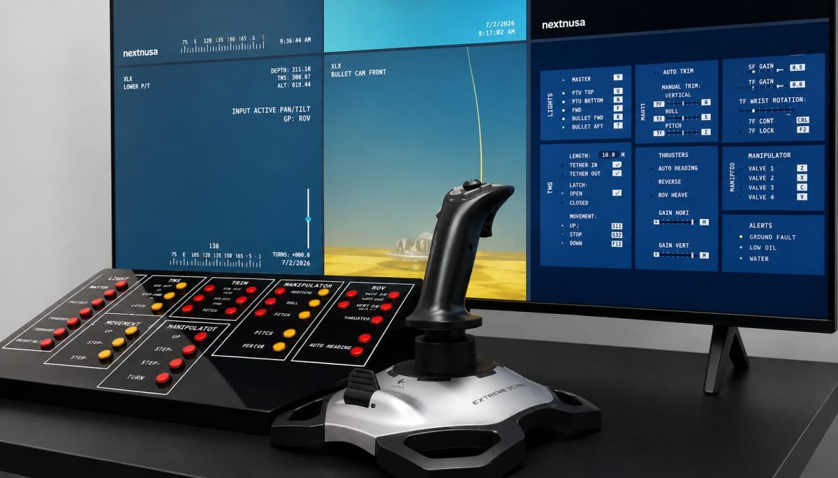 NextNusa ROV control console with joystick, button panel, and HUD monitor